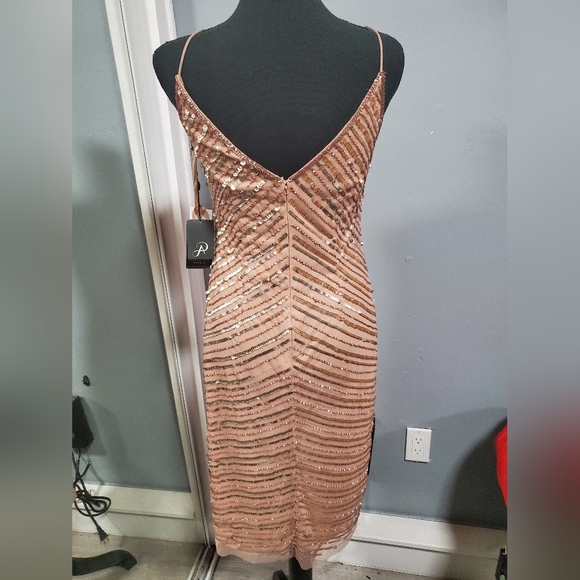 Adrianna Papell Midi Nude Sequin Beaded Evening Cocktail Prom Dress sz 6 - Picture 4 of 11